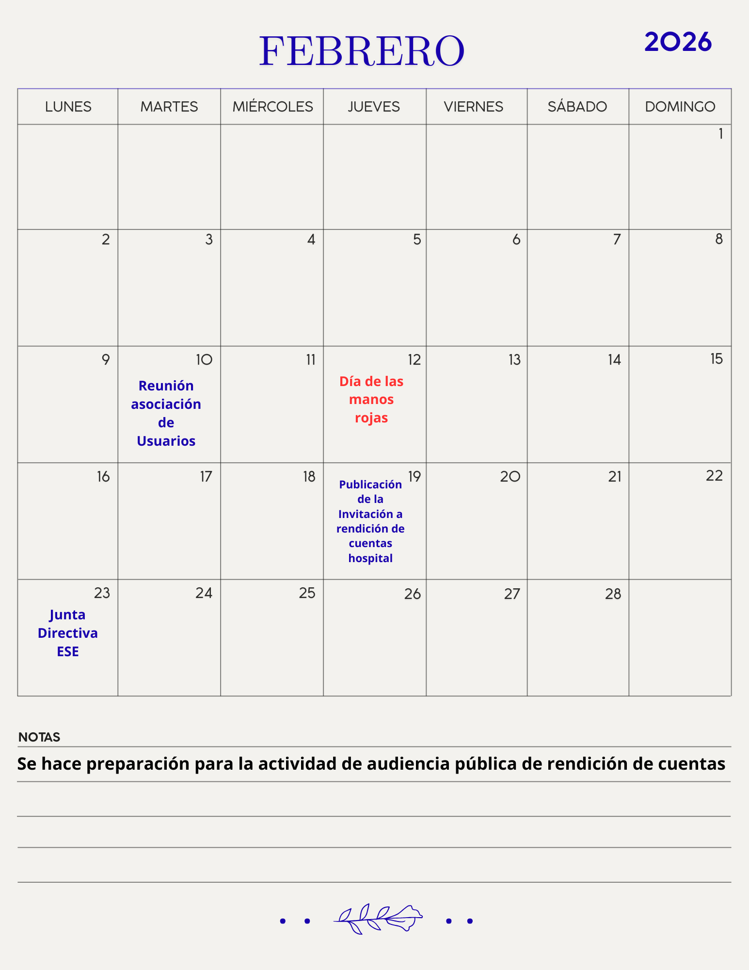 Calendario febrero