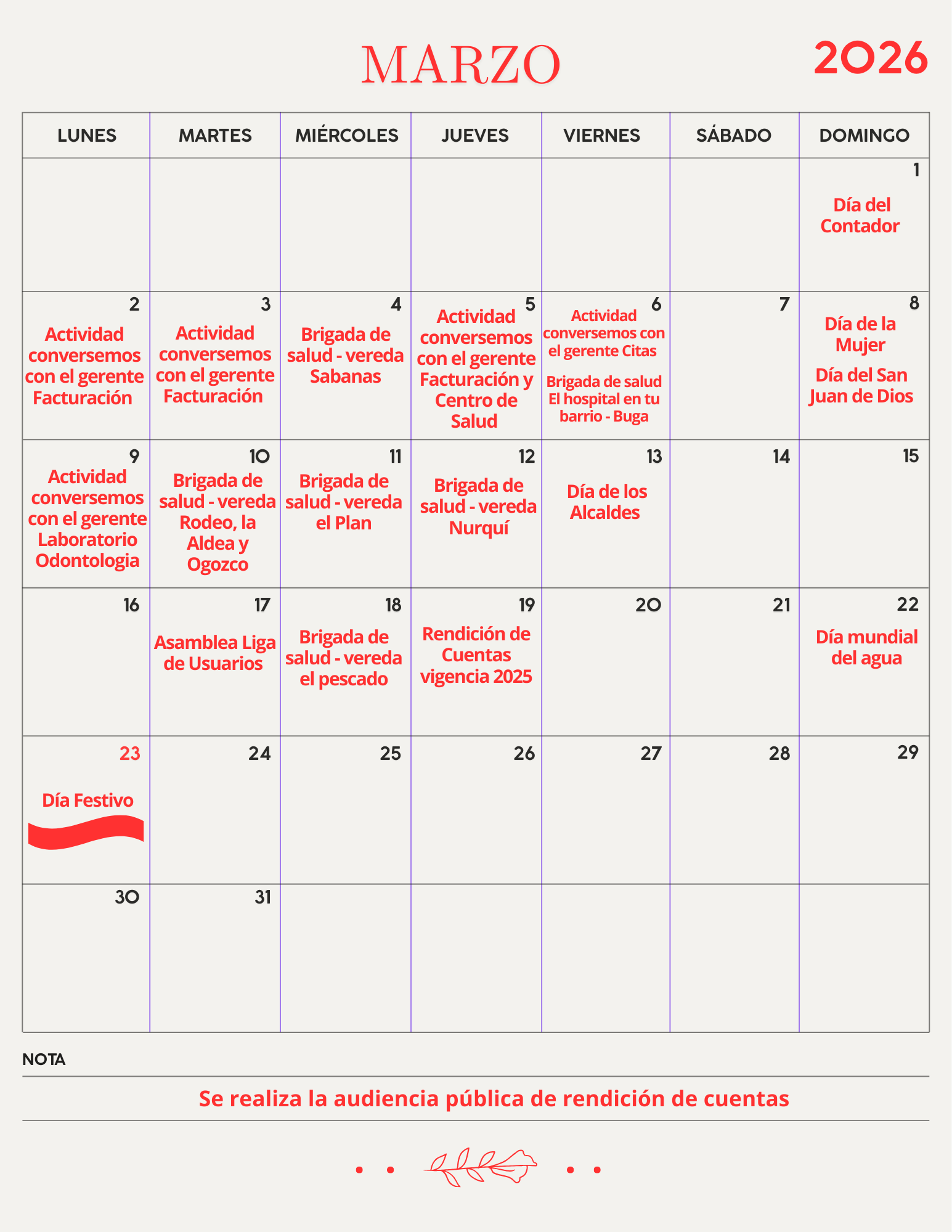 Calendario marzo