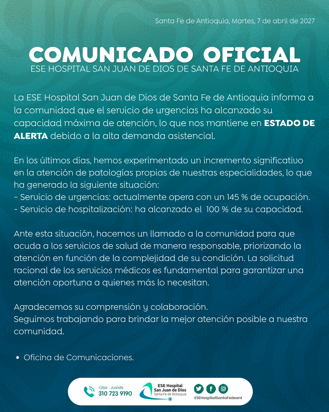 Comunicado estado de alerta. abril Comunicado estado de alerta. abril