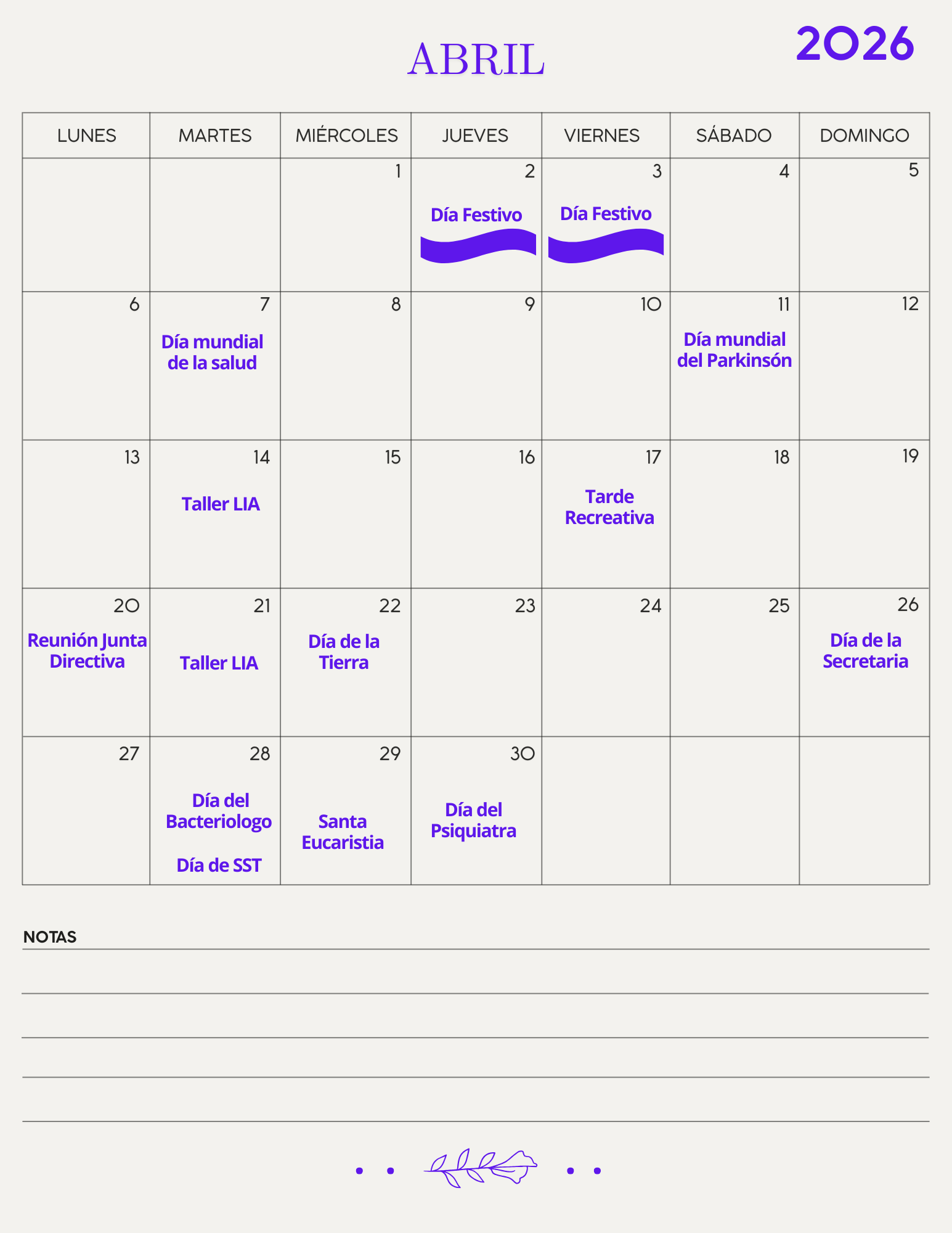 Calendario mes de abril.2026