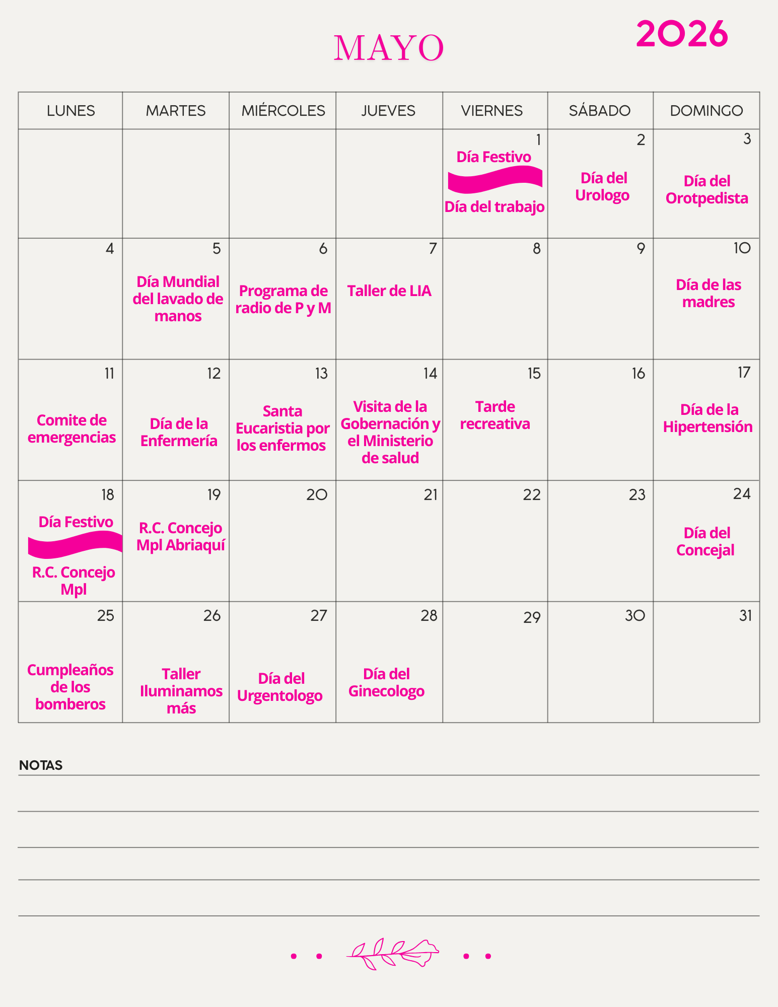 Calendario mes de mayo 2026