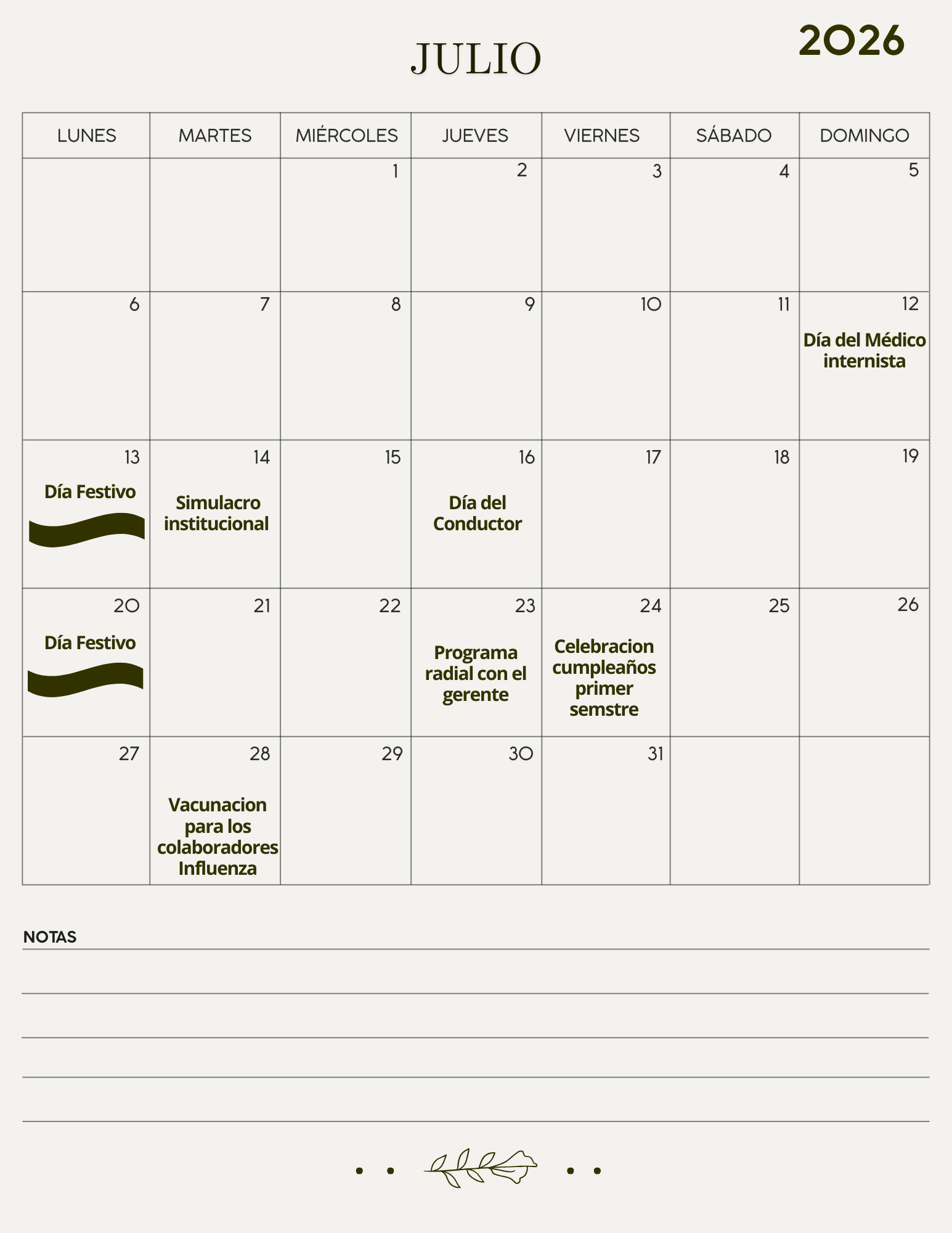 Calendario Julio