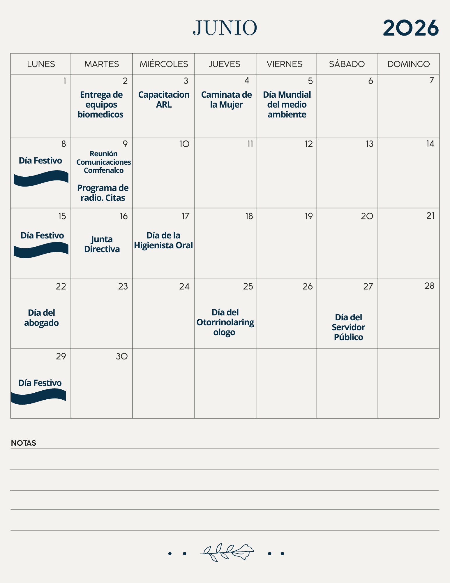 Calendario Junio