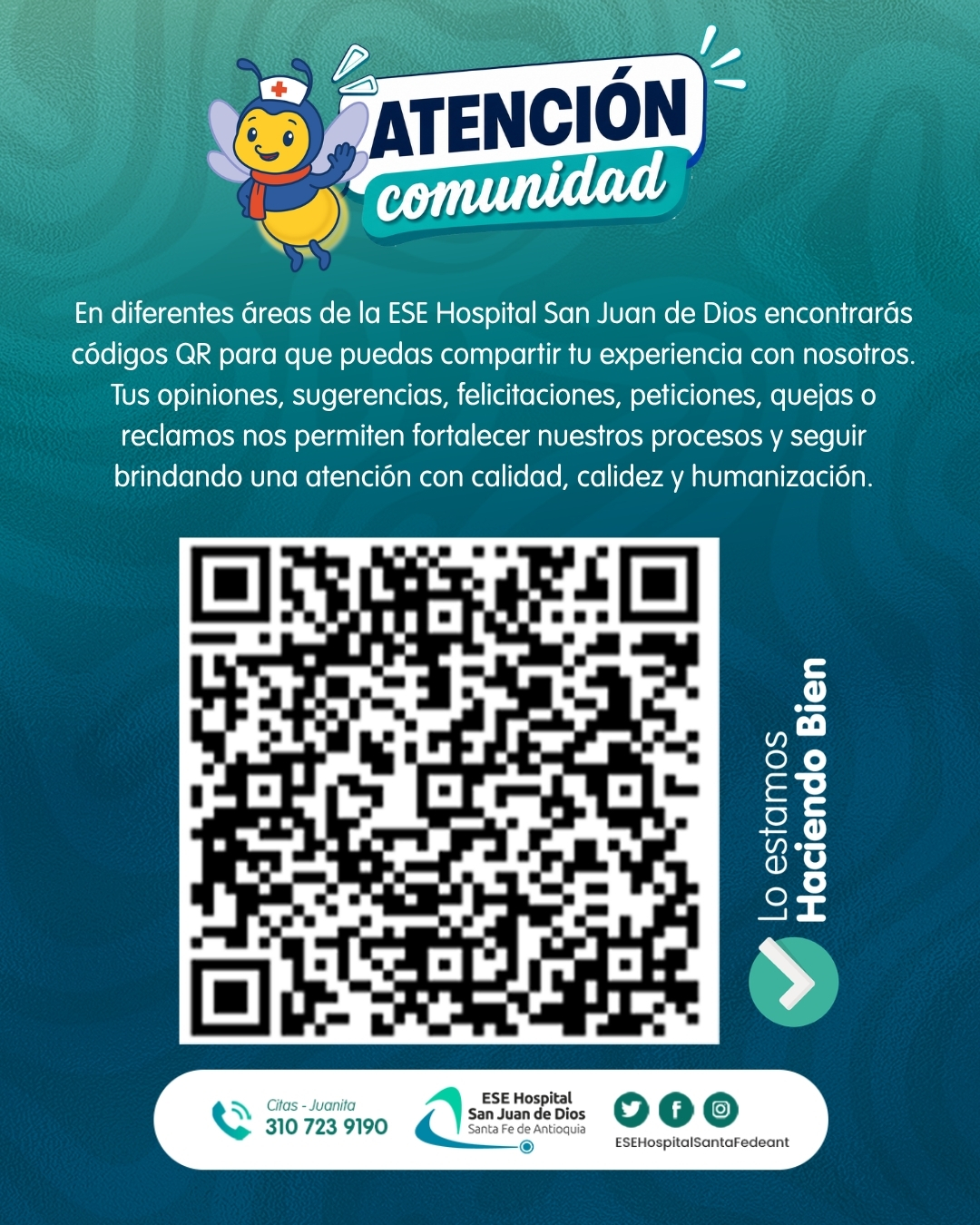 En diferentes áreas de la ESE Hospital San Juan de Dios encontrarás códigos QR para que puedas compartir tu experiencia con nosotros. Tus opiniones, sugerencias, felicitaciones, peticiones, quejas o reclamos nos permiten fortalecer nuestros procesos y - 1